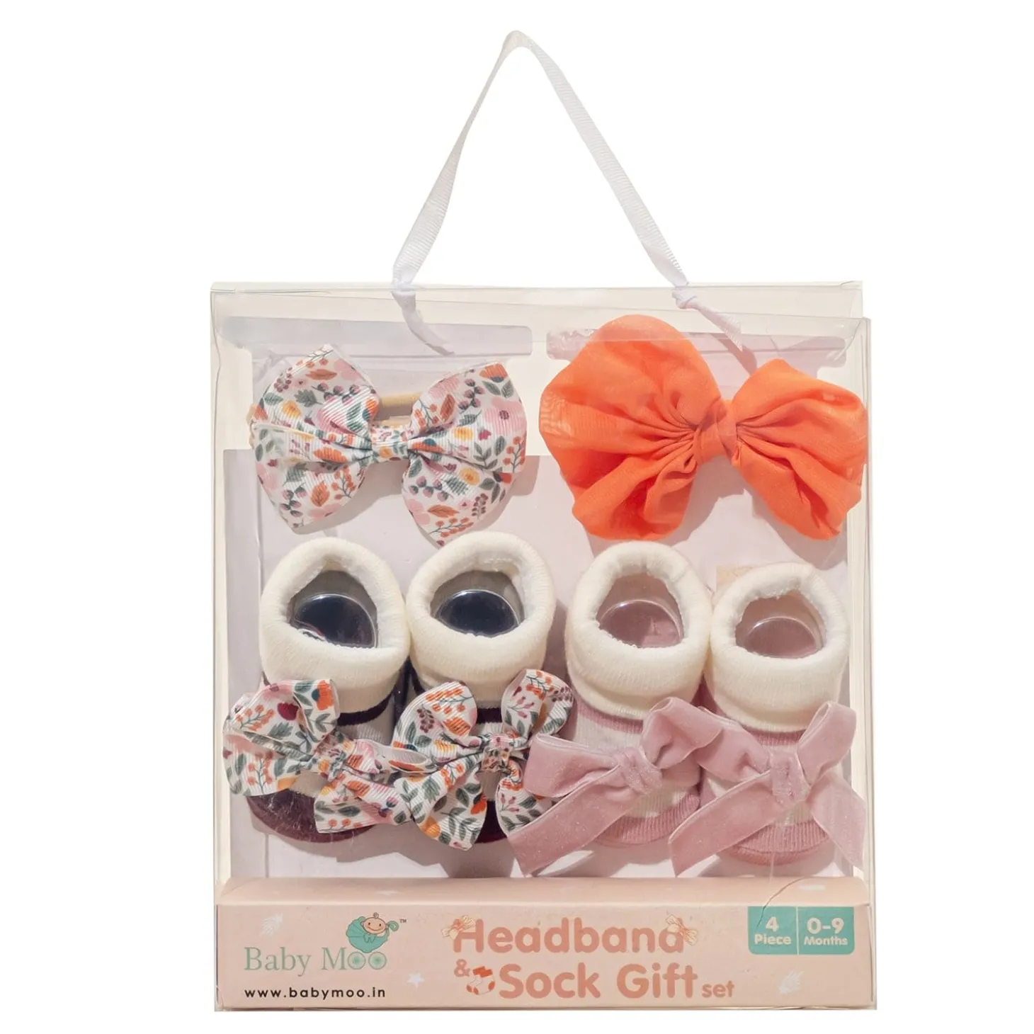 Baby Moo Vibrant Infant Girl 4-Piece Gift Hairband And Socks Set - Pink
