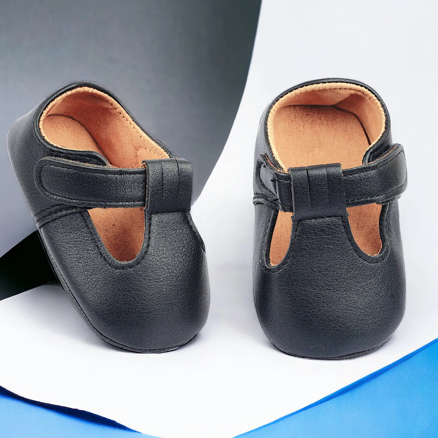 Baby Moo Vintage Vegan Leather T-Strap Anti-Skid Ballerina Pram Shoes - Black