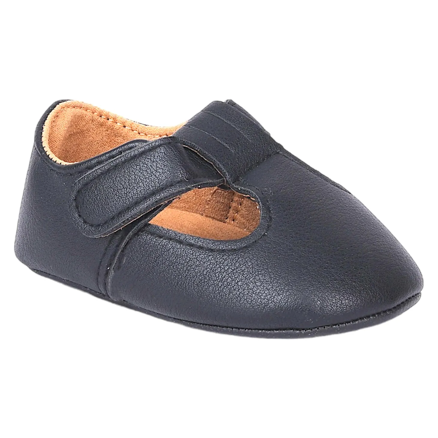 Baby Moo Vintage Vegan Leather T-Strap Anti-Skid Ballerina Pram Shoes - Black