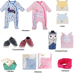 Baby Moo Welcome Baby Twins 11 Pcs Luxury Gift Hamper For Girl And Boy Pink And Blue - 0-9M Sizes Available