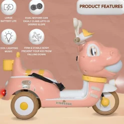 Baby Moo Whimsical Cartoon Kids Electric 3-Wheel Motorcycle Scooter Rechargeable Battery-Powered with Music & Lights Toddler Ride-On Bike Toy for Imaginative Adventures - Pink