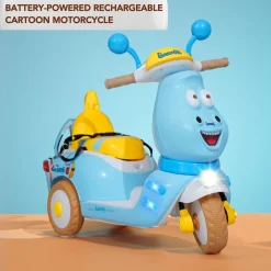 Baby Moo Whimsical Cartoon Kids Electric 3-Wheel Ride-On Bike Motorcycle Scooter Rechargeable Battery-Powered with Music & Lights - Blue