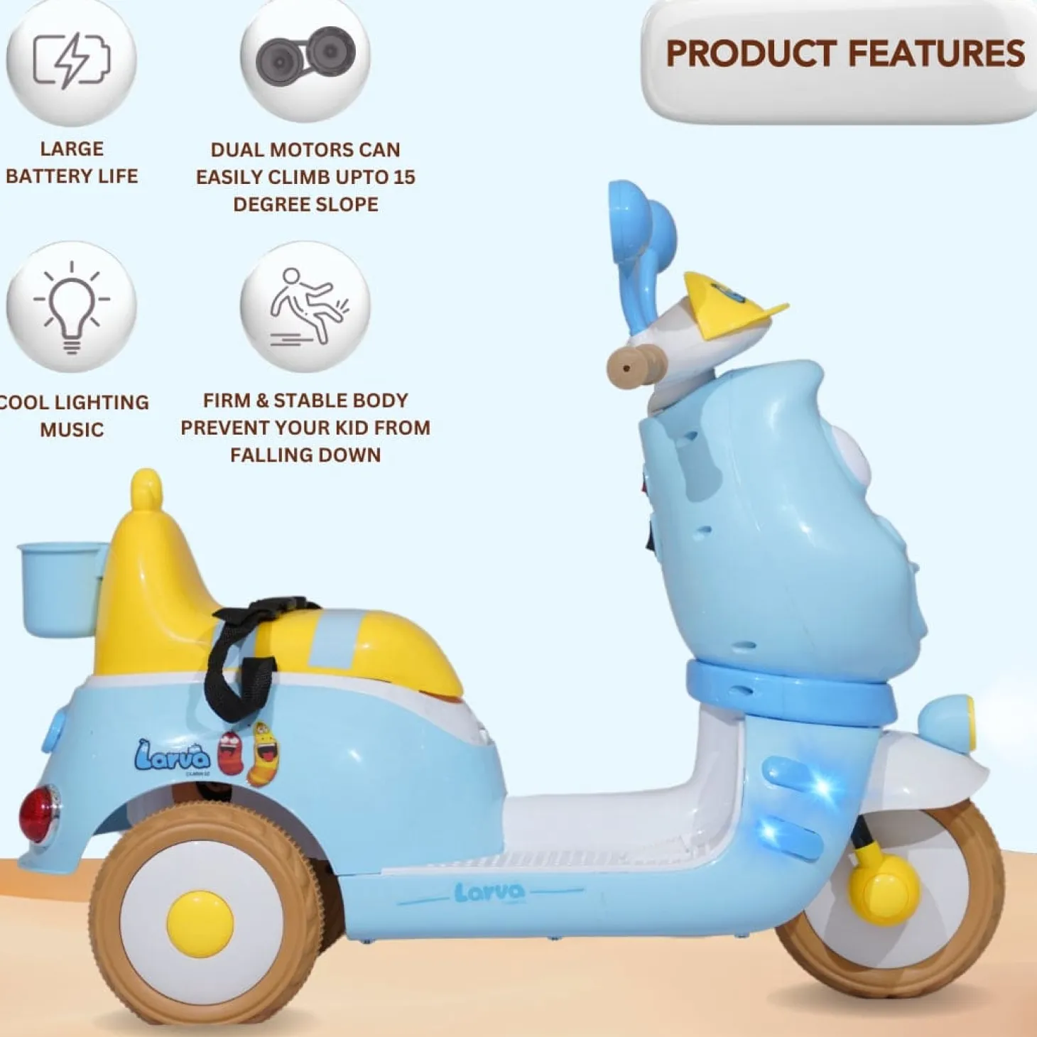 Baby Moo Whimsical Cartoon Kids Electric 3-Wheel Ride-On Bike Motorcycle Scooter Rechargeable Battery-Powered with Music & Lights - Blue