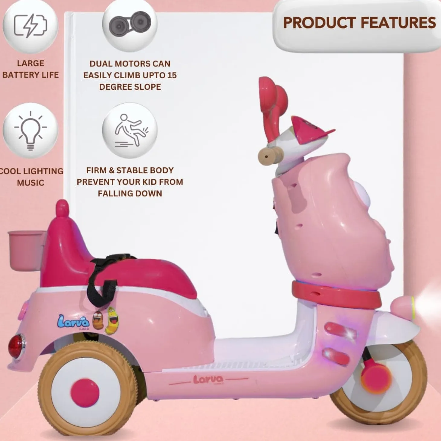 Baby Moo Whimsical Cartoon Kids Electric 3-Wheel Ride-On Bike Motorcycle Scooter Rechargeable Battery-Powered with Music & Lights - Pink