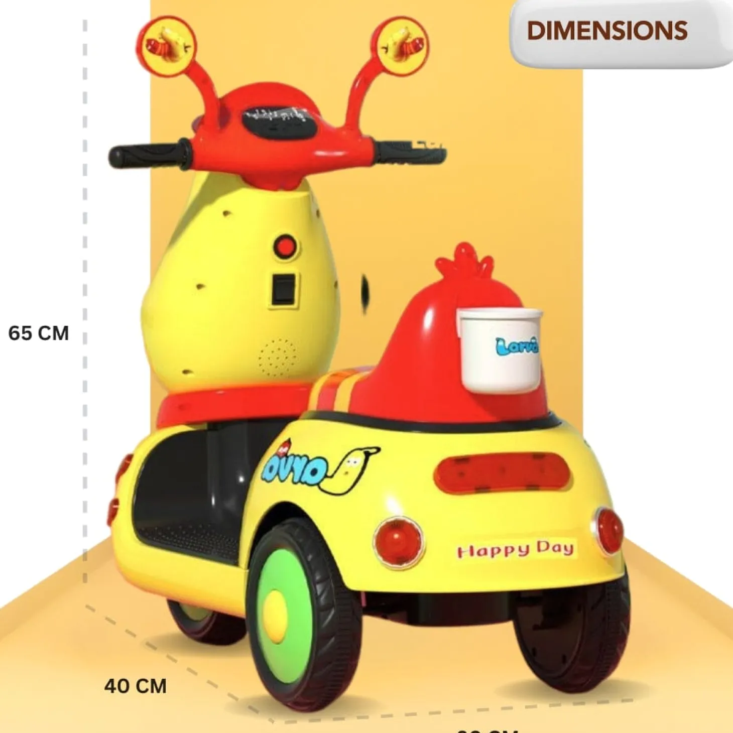 Baby Moo Whimsical Cartoon Kids Electric 3-Wheel Ride-On Bike Motorcycle Scooter Rechargeable Battery-Powered with Music & Lights - Yellow