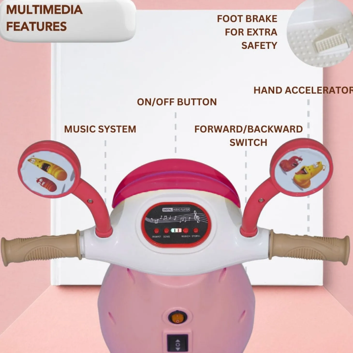 Baby Moo Whimsical Cartoon Kids Electric 3-Wheel Ride-On Bike Motorcycle Scooter Rechargeable Battery-Powered with Music & Lights - Pink