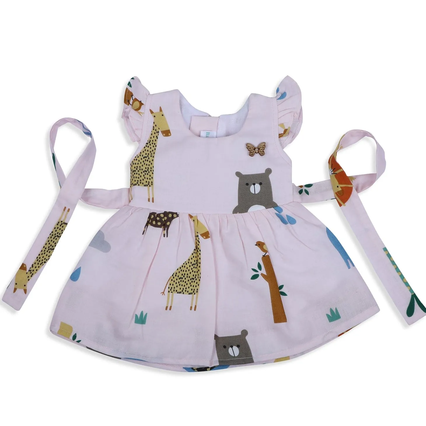 Baby Moo Wild Animals Flutter Sleeves Muslin Dress - Pink