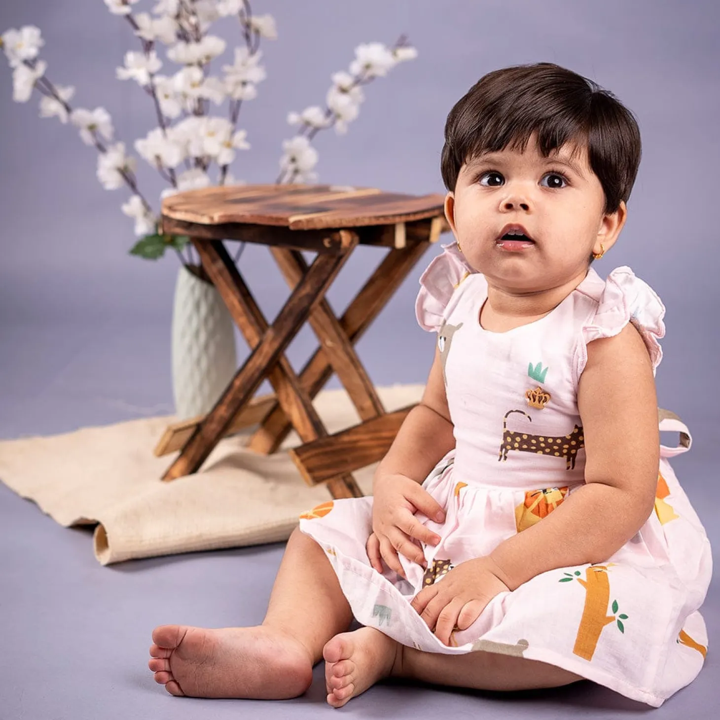 Baby Moo Wild Animals Flutter Sleeves Muslin Dress - Pink
