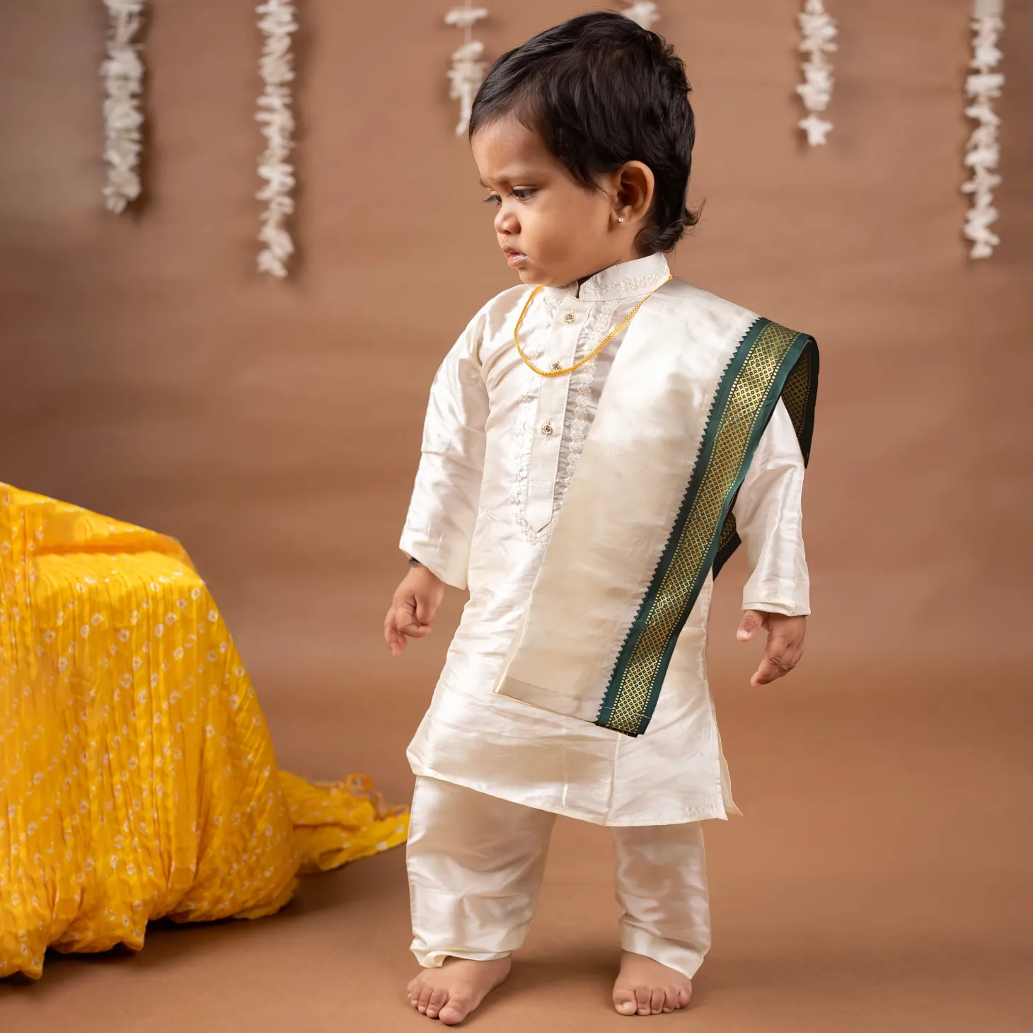 Baby Moo x Kurta Co. Traditional Dhoti Khandwa Kurta Set | Pure Pattu Silk With MLA Border | Premium Plastic Gift Box 6pcs - Cream