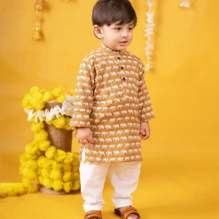 Baby Moo x Kurta Co. Traditional Ethnic Breathable Cotton Kurta Pajama Set with Enchanting Kantha Elephant Print - Mustard