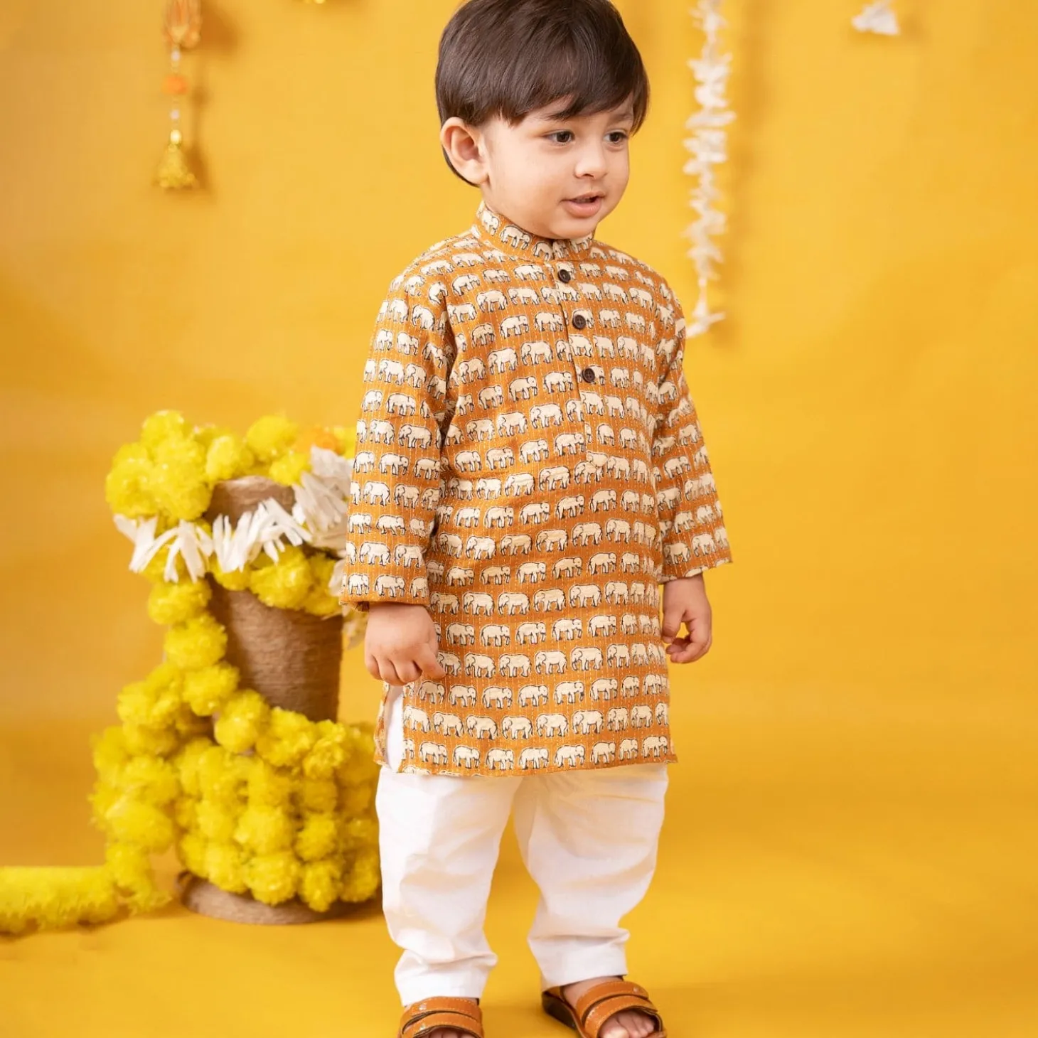Baby Moo x Kurta Co. Traditional Ethnic Breathable Cotton Kurta Pajama Set with Enchanting Kantha Elephant Print - Mustard