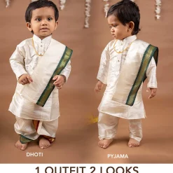 Baby Moo x Kurta Co. Traditional Dhoti Khandwa Kurta Set | Pure Pattu Silk With MLA Border | Premium Plastic Gift Box 6pcs - Cream