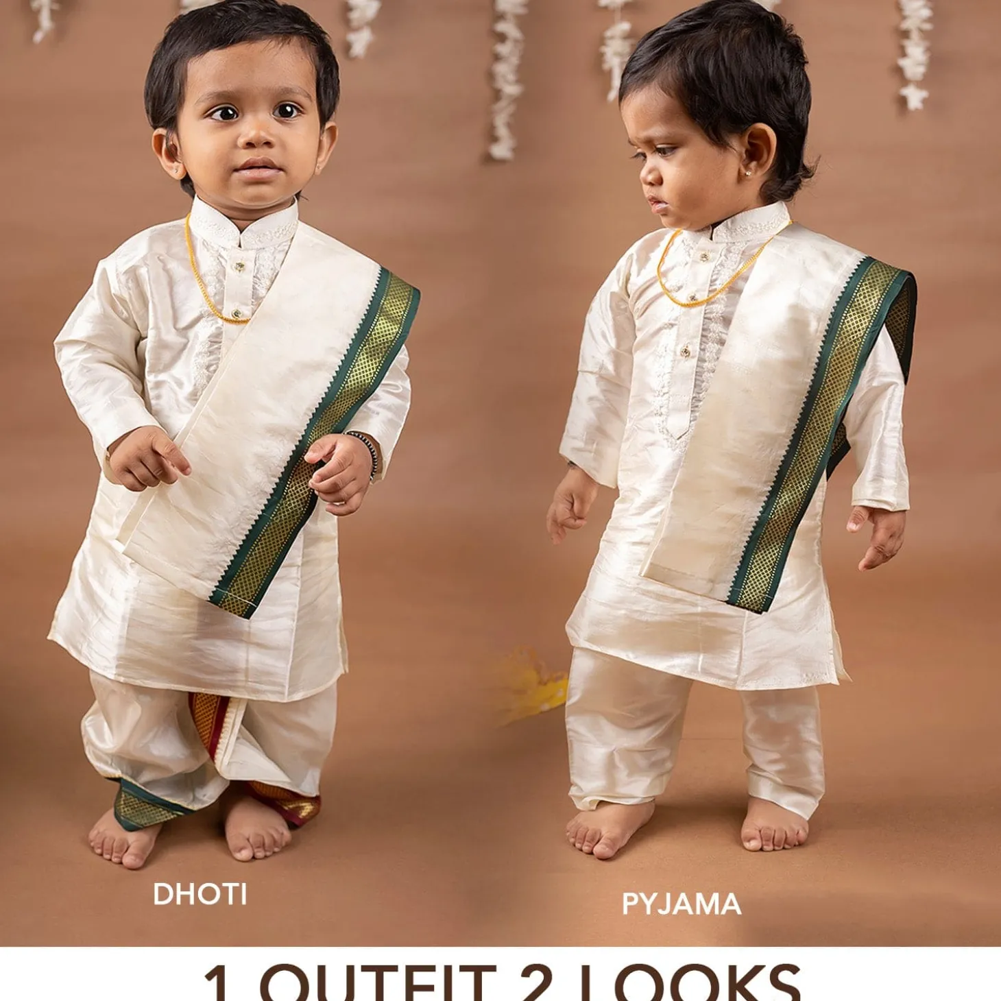 Baby Moo x Kurta Co. Traditional Dhoti Khandwa Kurta Set | Pure Pattu Silk With MLA Border | Premium Plastic Gift Box 6pcs - Cream