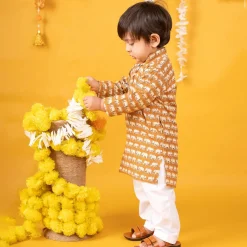 Baby Moo x Kurta Co. Traditional Ethnic Breathable Cotton Kurta Pajama Set with Enchanting Kantha Elephant Print - Mustard