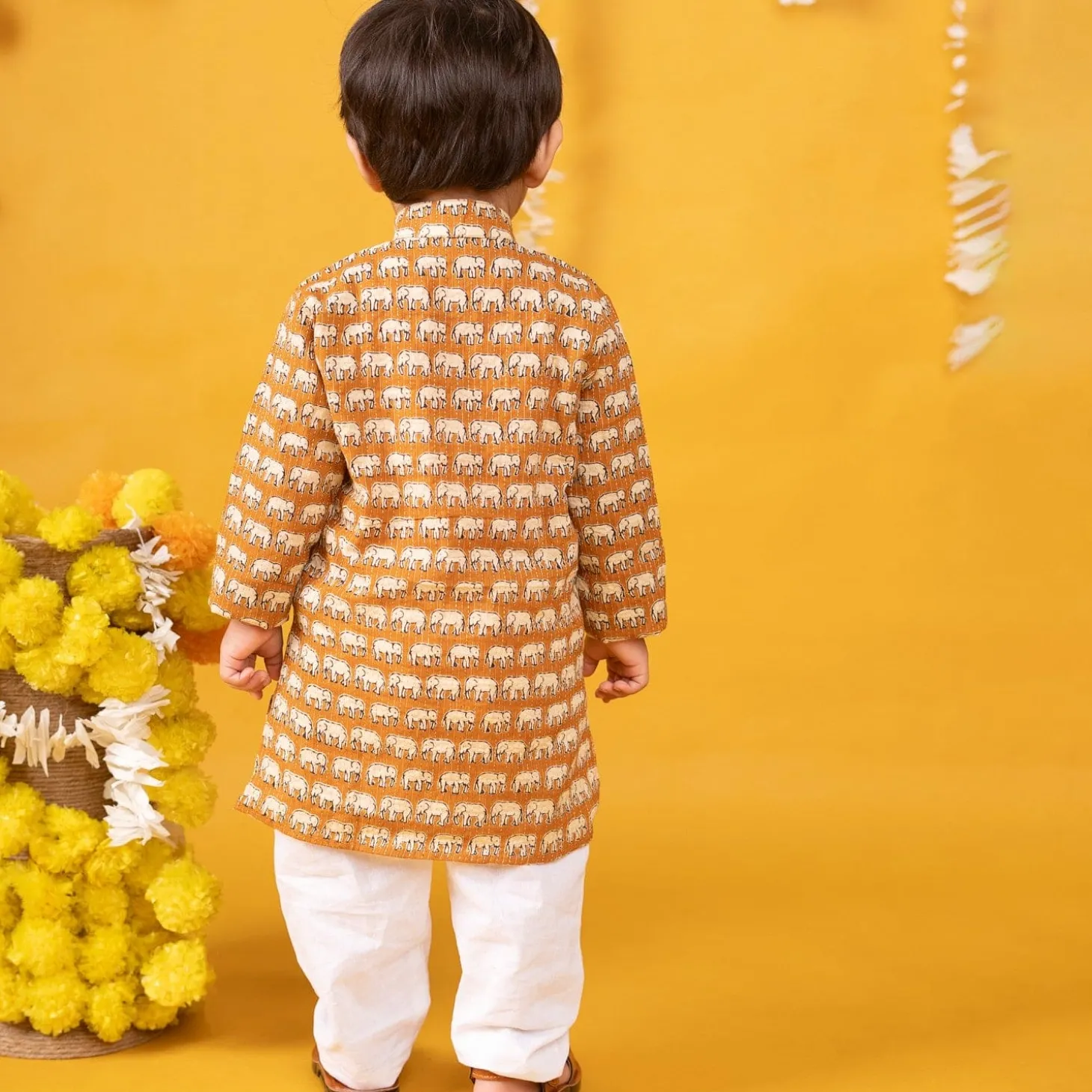 Baby Moo x Kurta Co. Traditional Ethnic Breathable Cotton Kurta Pajama Set with Enchanting Kantha Elephant Print - Mustard