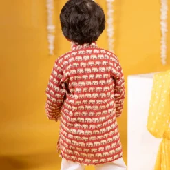 Baby Moo x Kurta Co. Traditional Ethnic Breathable Cotton Kurta Pajama Set with Enchanting Kantha Elephant Print - Red