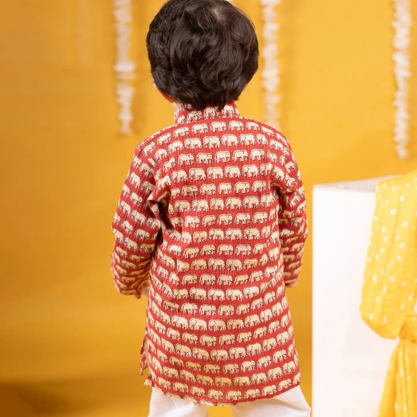 Baby Moo x Kurta Co. Traditional Ethnic Breathable Cotton Kurta Pajama Set with Enchanting Kantha Elephant Print - Red