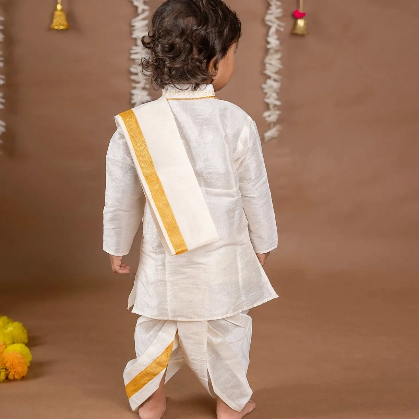 Baby Moo x Kurta Co. Traditional Dhoti Khandwa Kurta Set | Soft Banaras Silk With Gold Border | Premium Plastic Gift Box 6pcs - Cream
