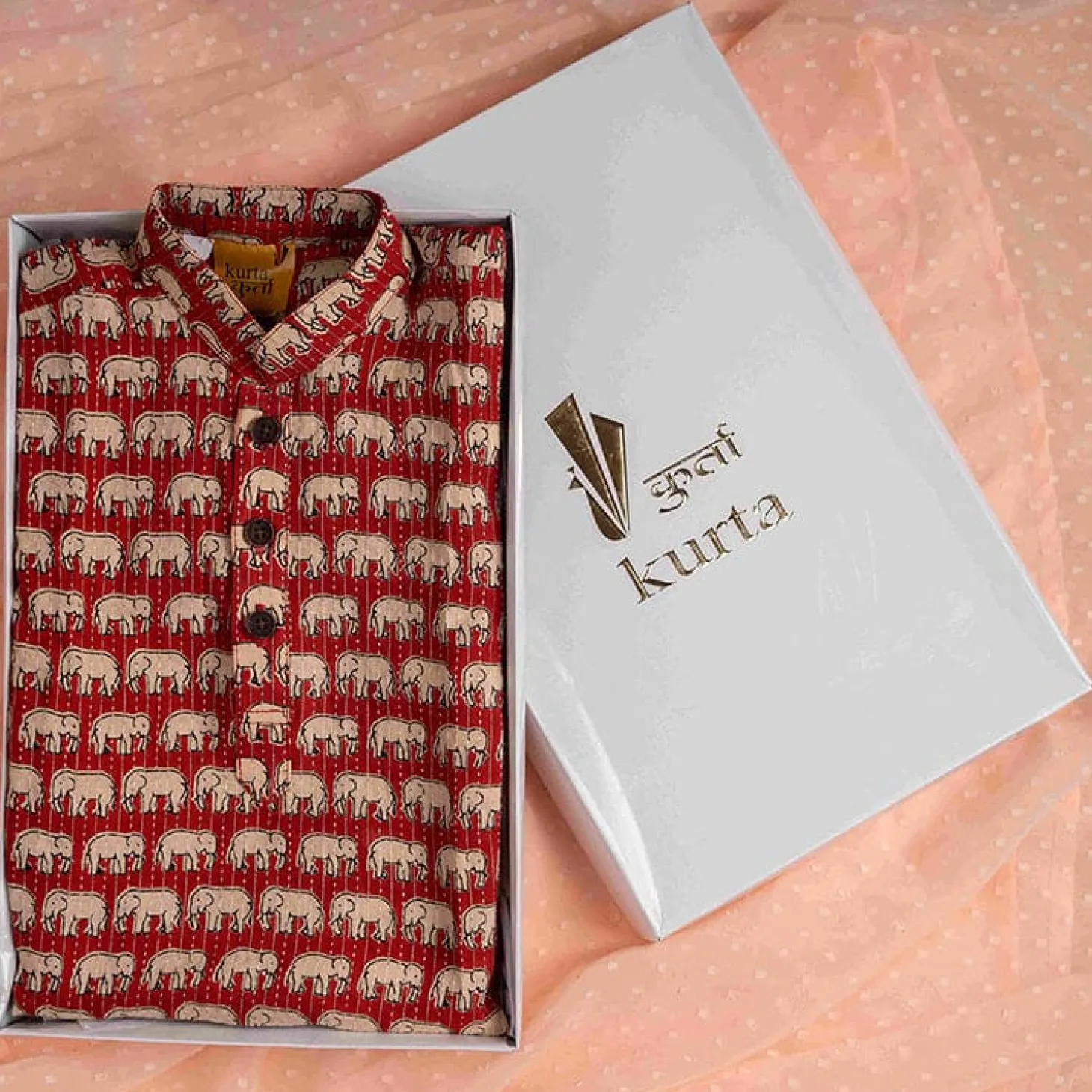 Baby Moo x Kurta Co. Traditional Ethnic Breathable Cotton Kurta Pajama Set with Enchanting Kantha Elephant Print - Red