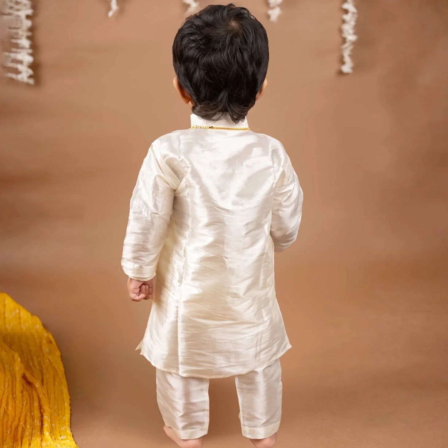 Baby Moo x Kurta Co. Traditional Dhoti Khandwa Kurta Set | Pure Pattu Silk With MLA Border | Premium Plastic Gift Box 6pcs - Cream