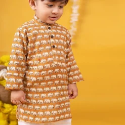 Baby Moo x Kurta Co. Traditional Ethnic Breathable Cotton Kurta Pajama Set with Enchanting Kantha Elephant Print - Mustard