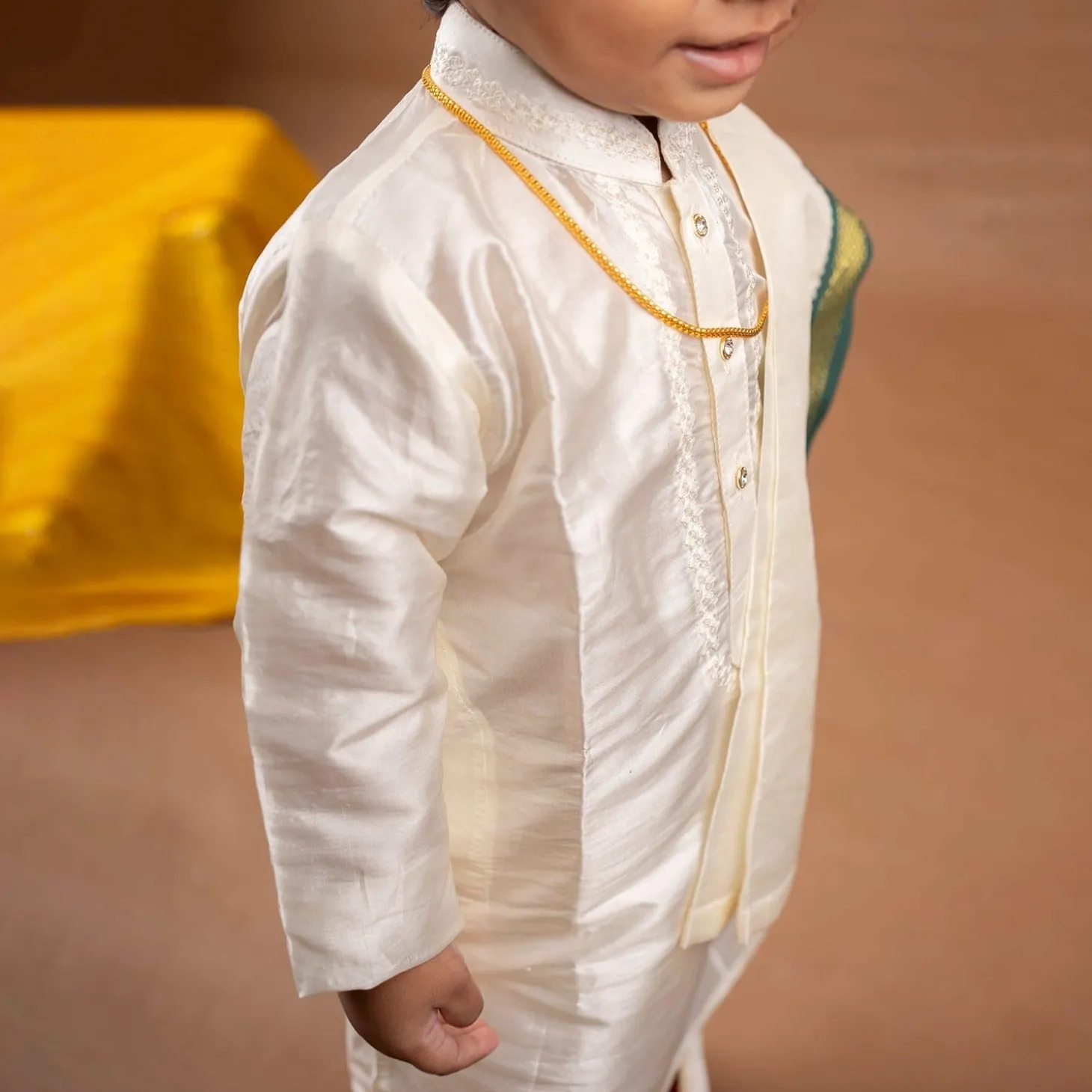 Baby Moo x Kurta Co. Traditional Dhoti Khandwa Kurta Set | Pure Pattu Silk With MLA Border | Premium Plastic Gift Box 6pcs - Cream