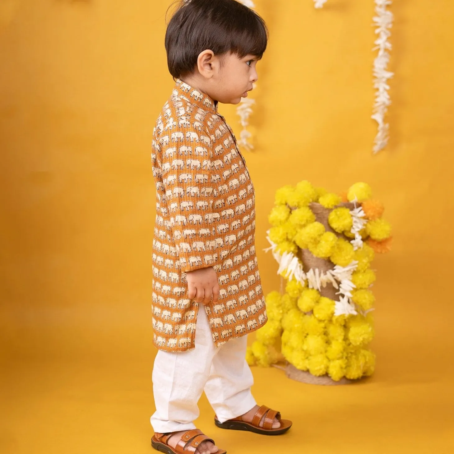 Baby Moo x Kurta Co. Traditional Ethnic Breathable Cotton Kurta Pajama Set with Enchanting Kantha Elephant Print - Mustard