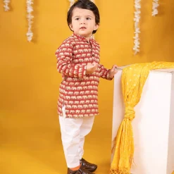 Baby Moo x Kurta Co. Traditional Ethnic Breathable Cotton Kurta Pajama Set with Enchanting Kantha Elephant Print - Red