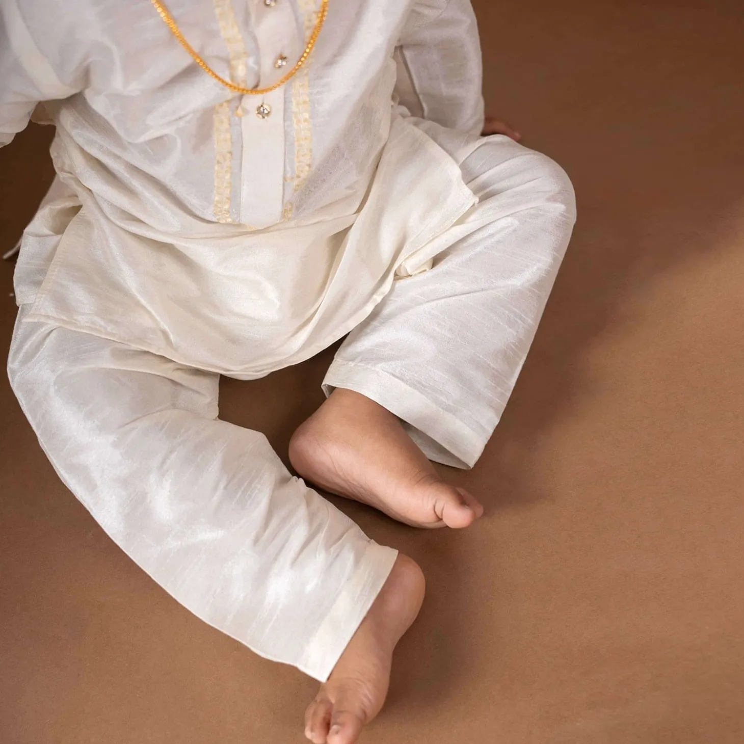 Baby Moo x Kurta Co. Traditional Dhoti Khandwa Kurta Set | Soft Banaras Silk With Gold Border | Premium Plastic Gift Box 6pcs - Cream