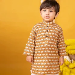Baby Moo x Kurta Co. Traditional Ethnic Breathable Cotton Kurta Pajama Set with Enchanting Kantha Elephant Print - Mustard