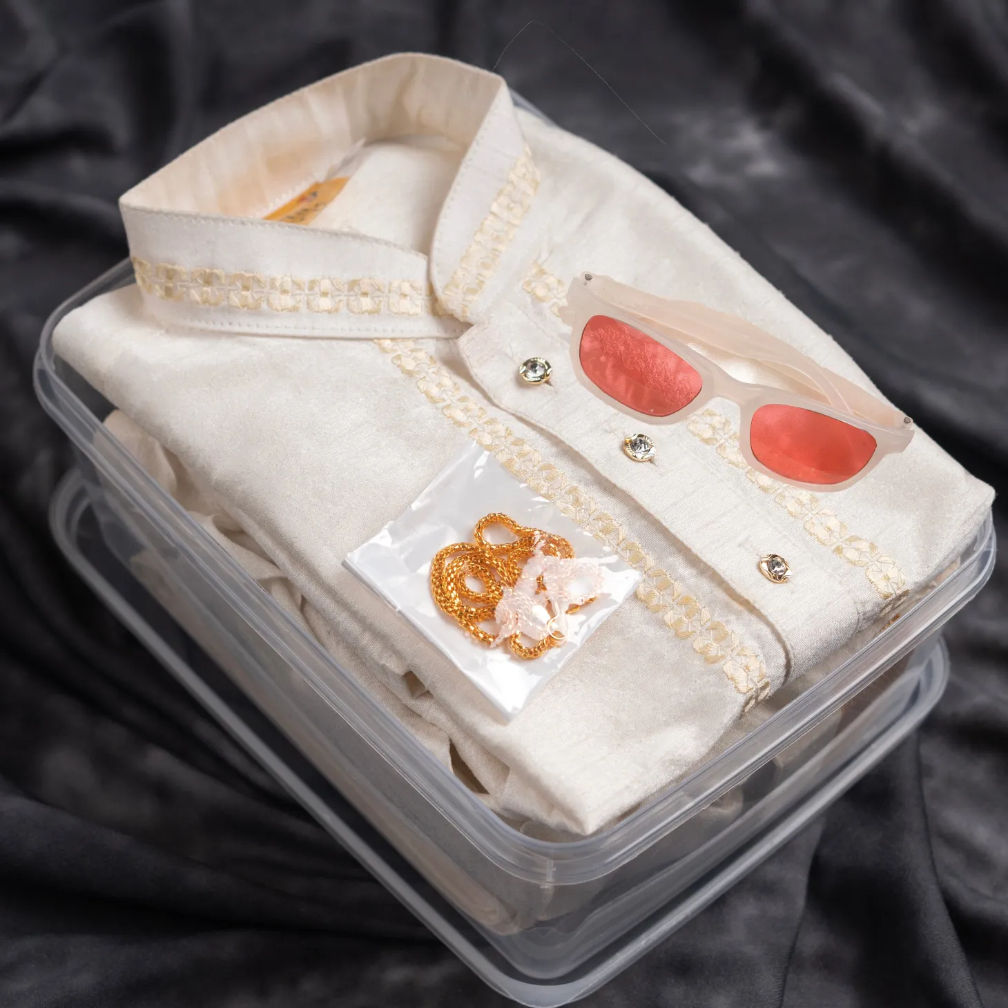 Baby Moo x Kurta Co. Traditional Dhoti Khandwa Kurta Set | Soft Banaras Silk With Gold Border | Premium Plastic Gift Box 6pcs - Cream