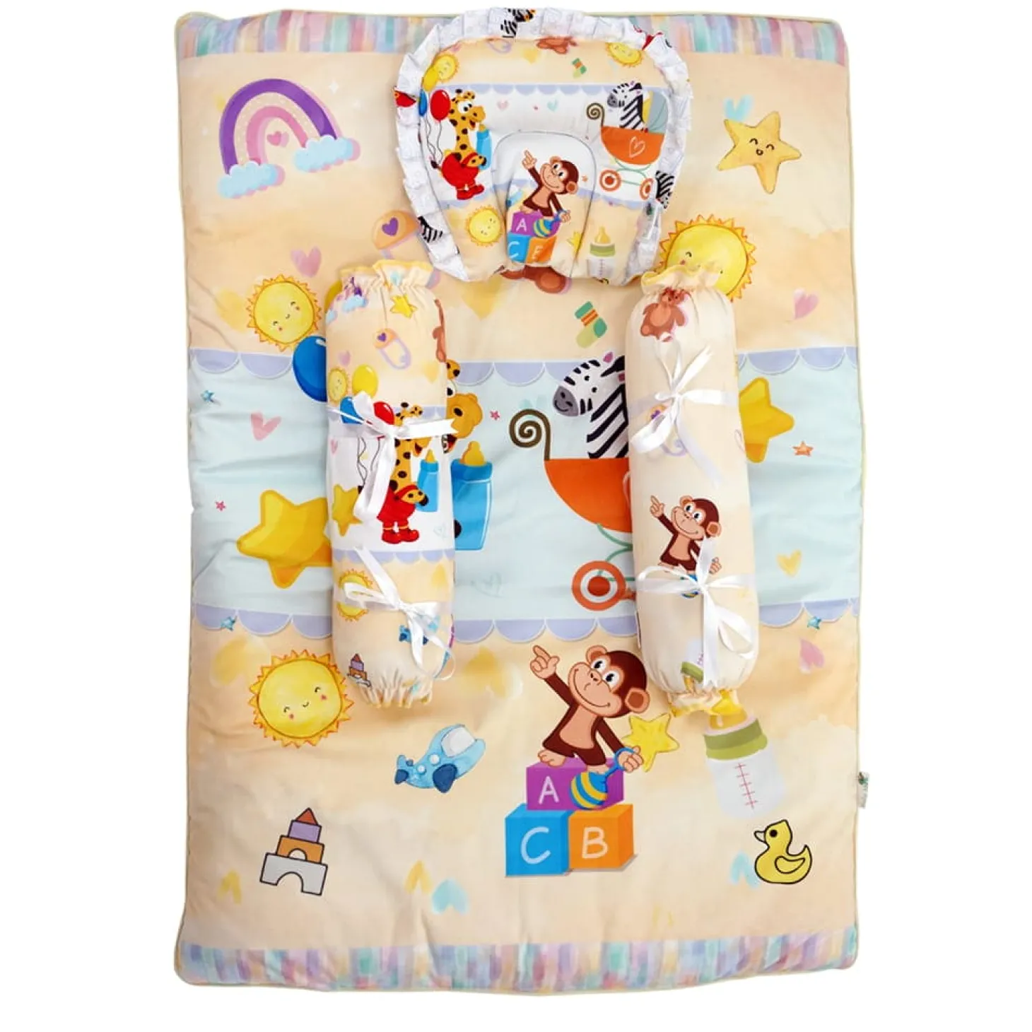 Baby Moo Zebra in Pram Soft Velvet U Pillow, 2 Side Bolsters Mattress Set - Yellow