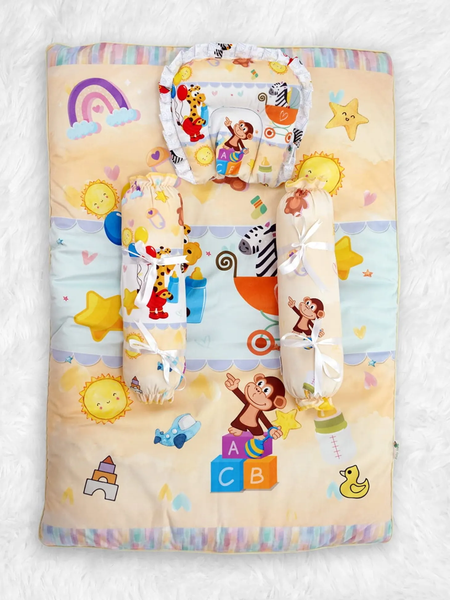 Baby Moo Zebra in Pram Soft Velvet U Pillow, 2 Side Bolsters Mattress Set - Yellow
