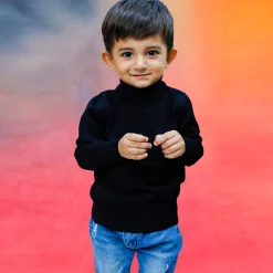 Basic Polo Neck Ribbed Premium Full Sleeves Knitted Kids Sweater - Black