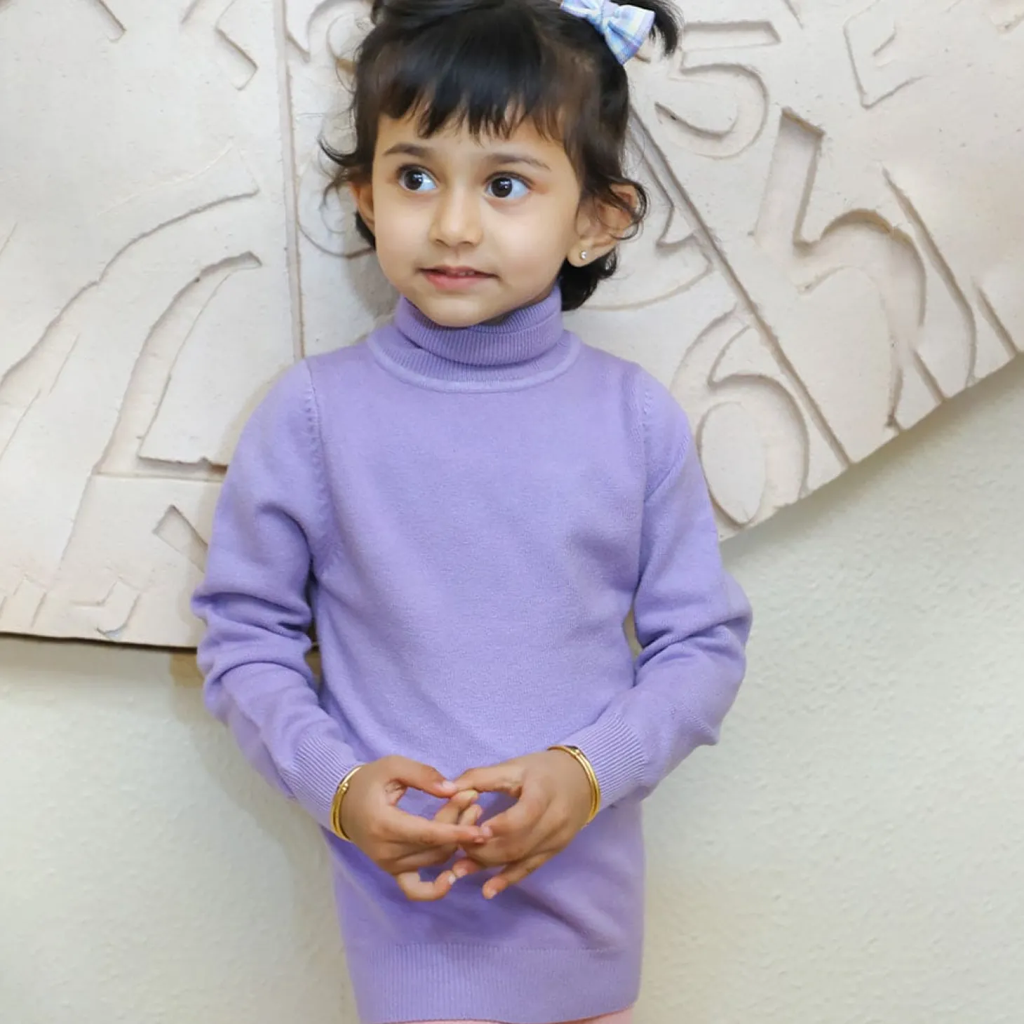 Basic Polo Neck Ribbed Premium Full Sleeves Knitted Kids Sweater - Purple