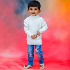 Basic Polo Neck Ribbed Premium Full Sleeves Knitted Kids Sweater - White
