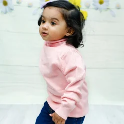 Basic Polo Neck Ribbed Premium Full Sleeves Knitted Kids Sweater - Pink