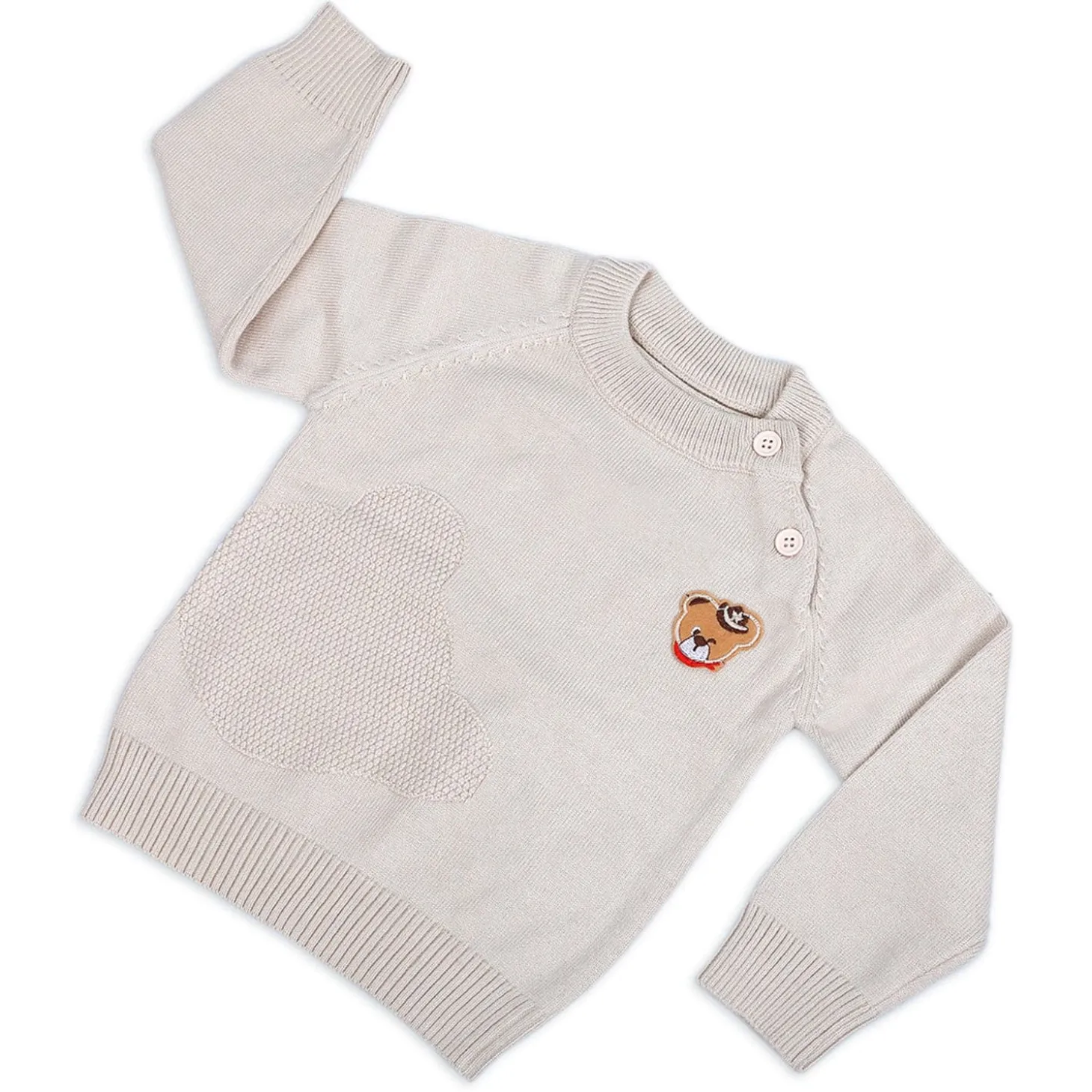 Bear Embroidery Premium Full Sleeves Knitted Sweater - White