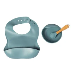 Bluish Grey Waterproof Silicon Bib And Bowl Set