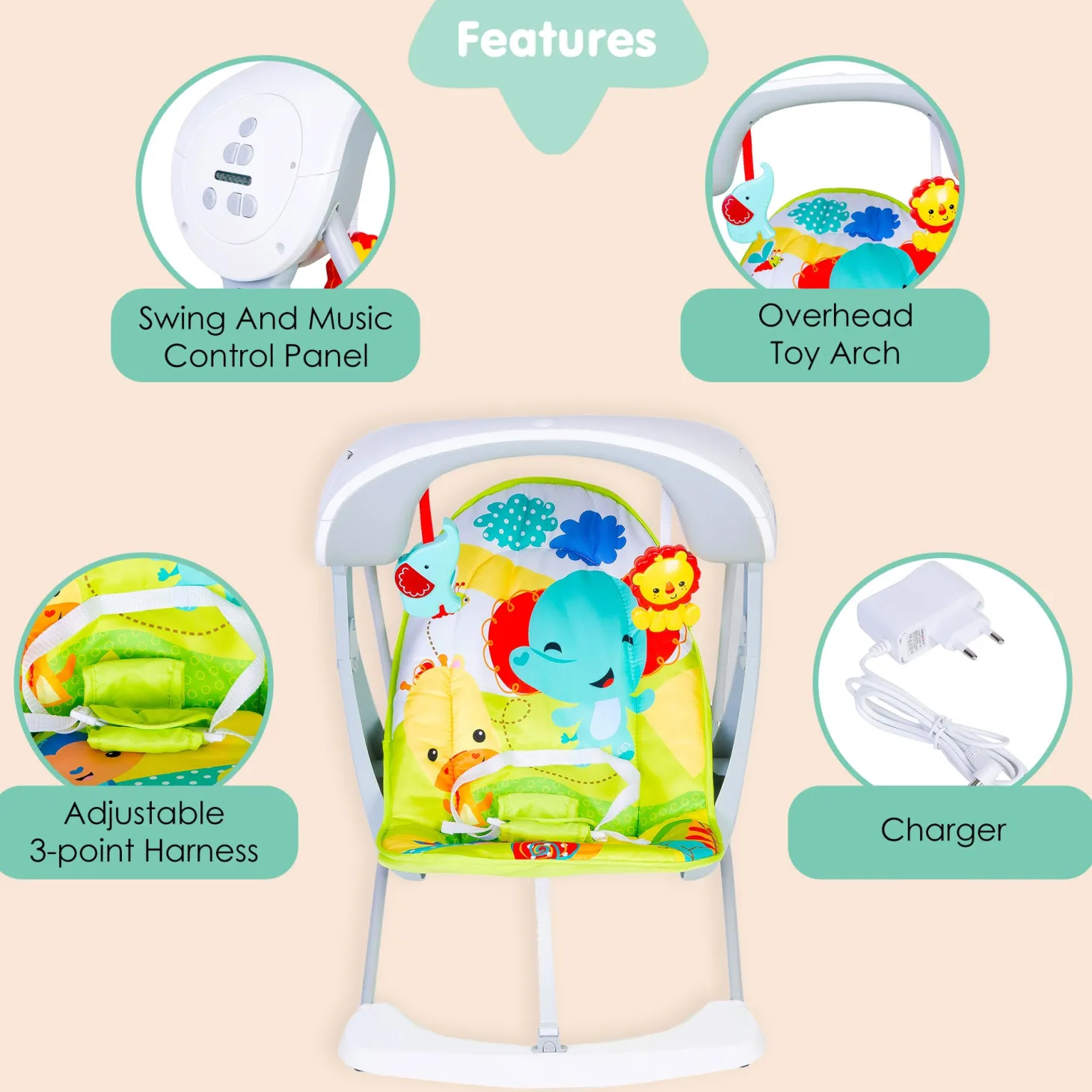 Bright Stars Foldable Musical Comfortable Swing Jungle Print Green