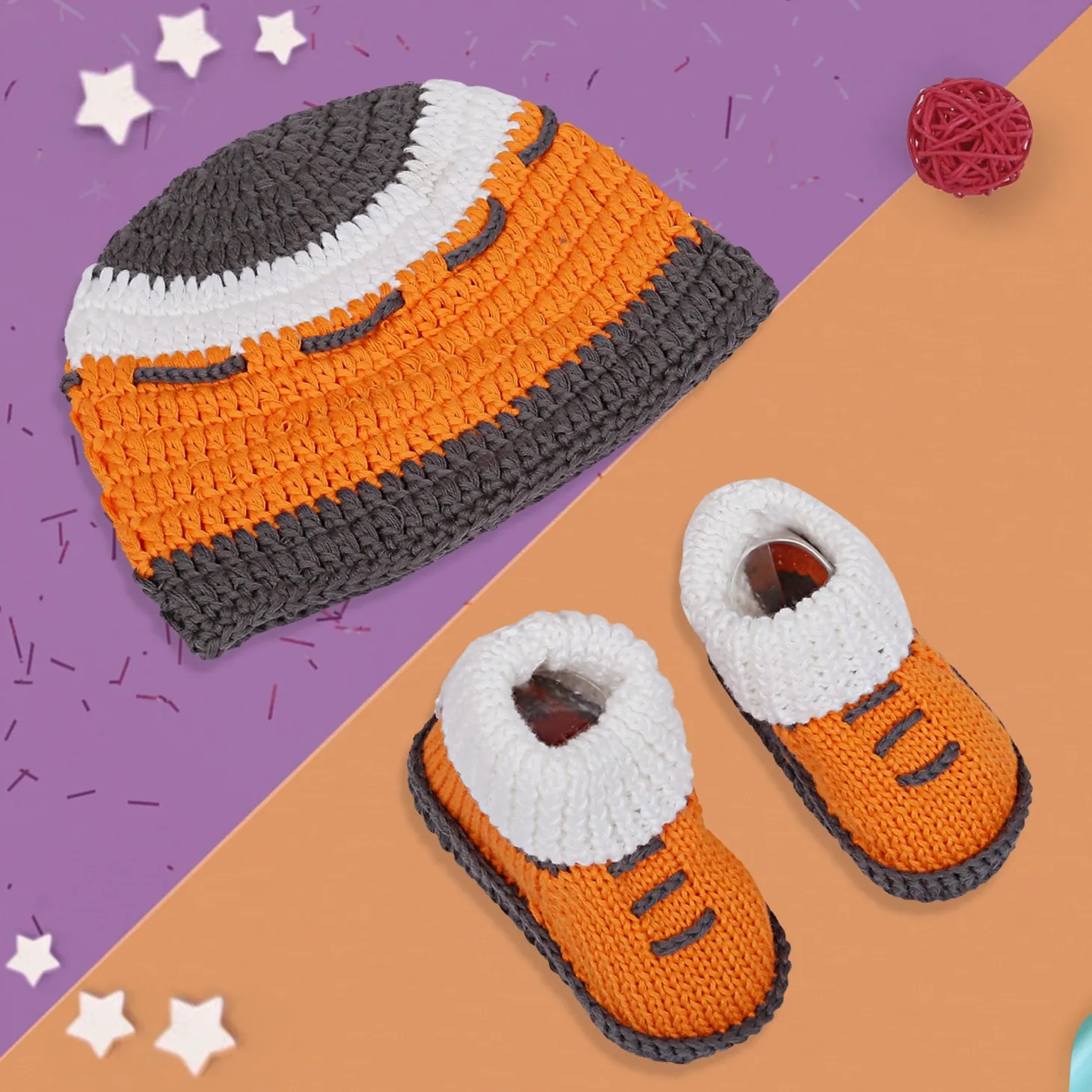 Cap And Booties Gift Set Soft Knitted Orange