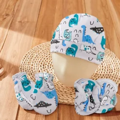 Cap Mittens And Booties Gift Set Dinosaur Blue