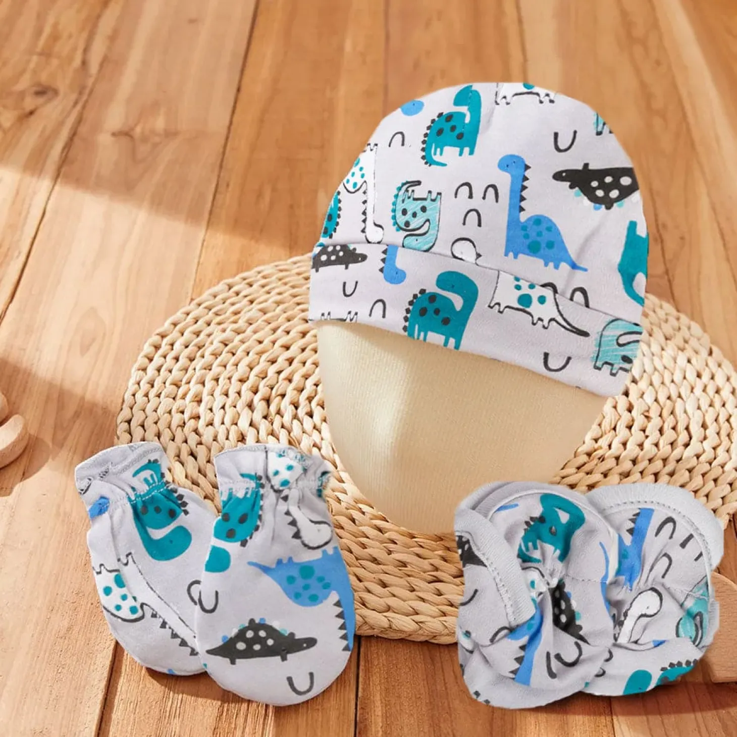 Cap Mittens And Booties Gift Set Dinosaur Blue