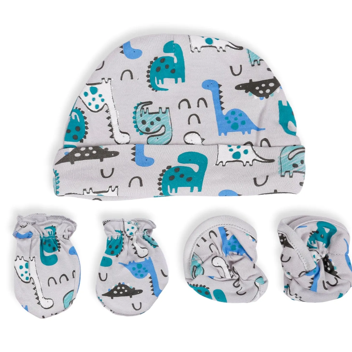 Cap Mittens And Booties Gift Set Dinosaur Blue