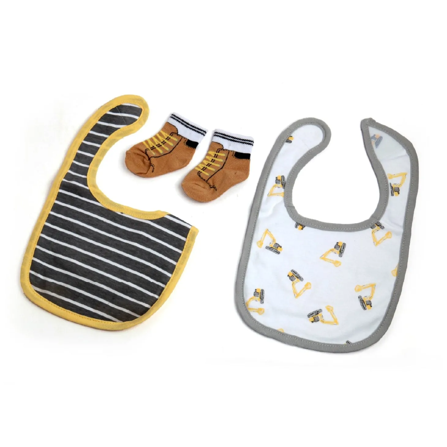 Construction Trucks Yellow Set Of 3 Bibs And 2 Socks