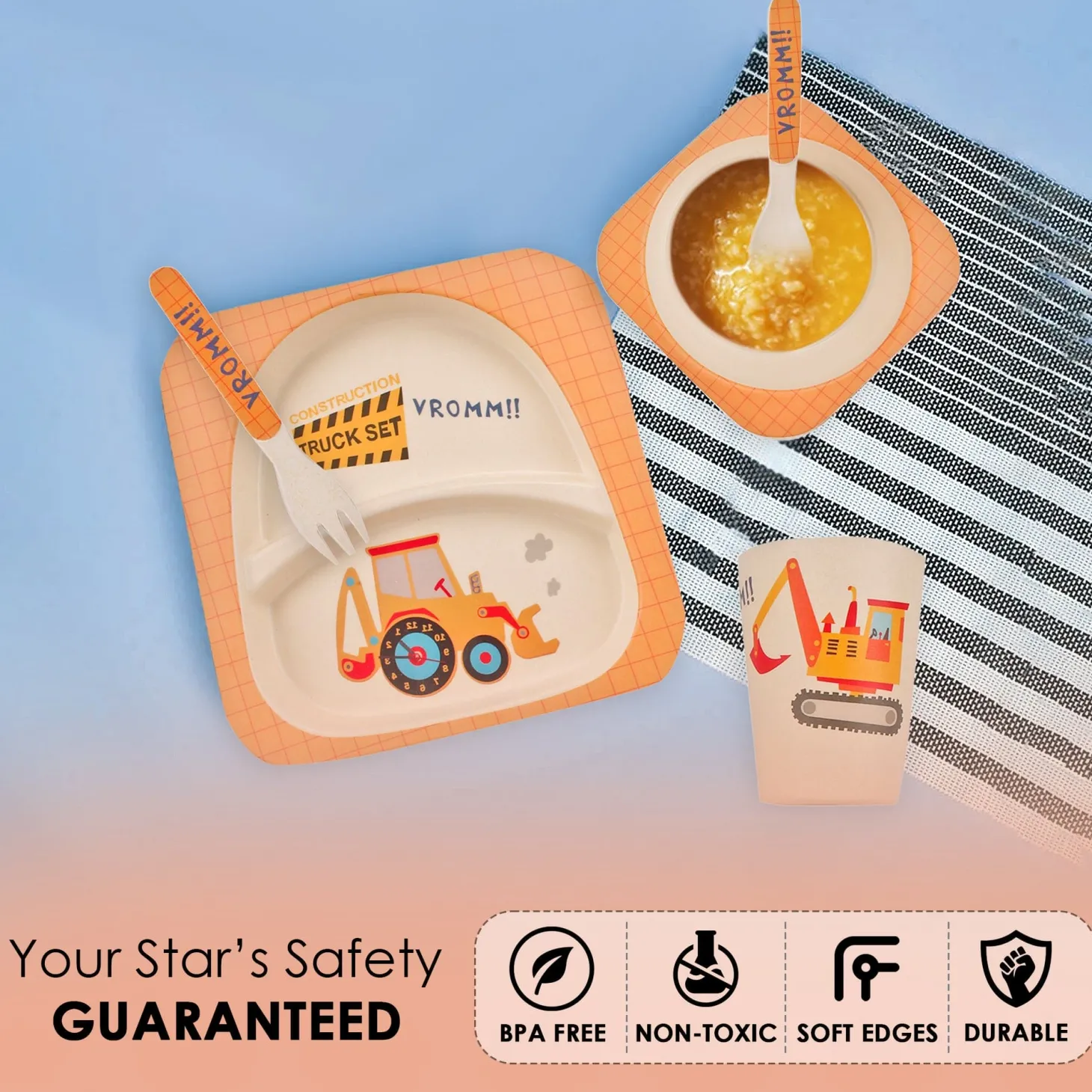 Construction Trucks Yellow Bamboo Fiber Dinner Set