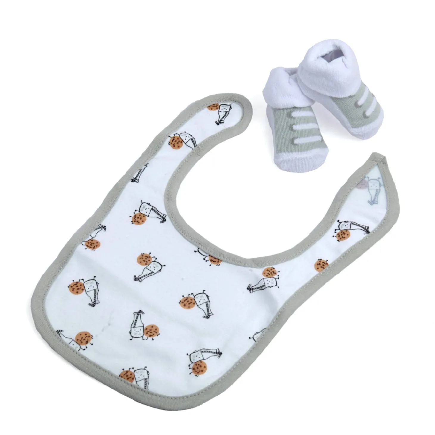 Cookies And Milk Grey And White Set Of 3 Bibs And 2 Socks