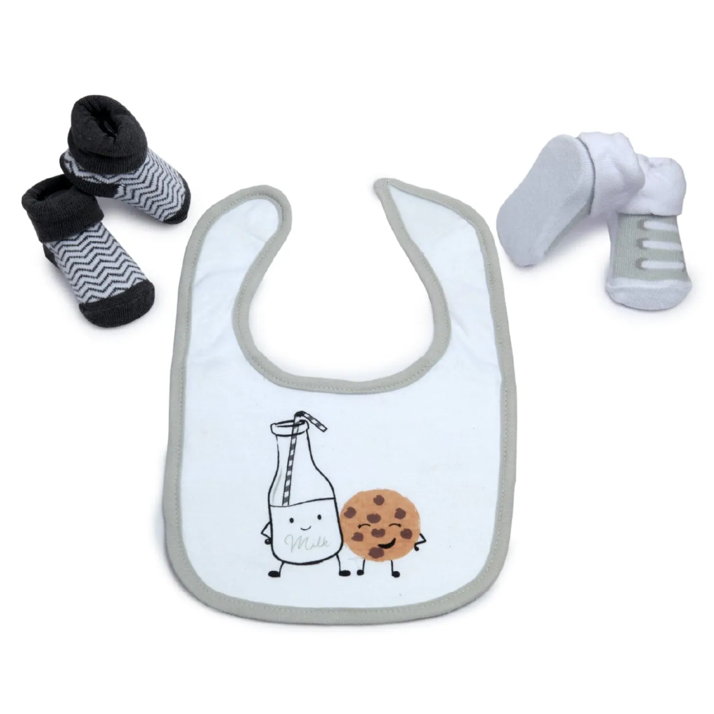 Cookies And Milk Grey And White Set Of 3 Bibs And 2 Socks