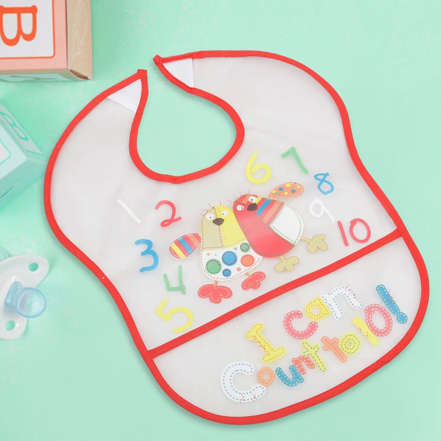 Crumb Catcher Waterproof Feeding Bib Counting Numbers Red