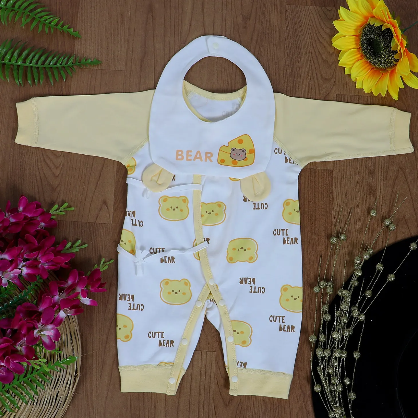 Cute Bear Full Sleeves One-Piece Body Suit With Snap Buttons Tie Knot And Matching Bib - Yellow